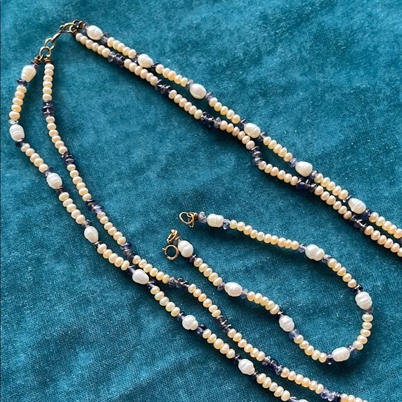 Jewelry - Freshwater Pearl and purple crystal Bead Necklace & bracelet set